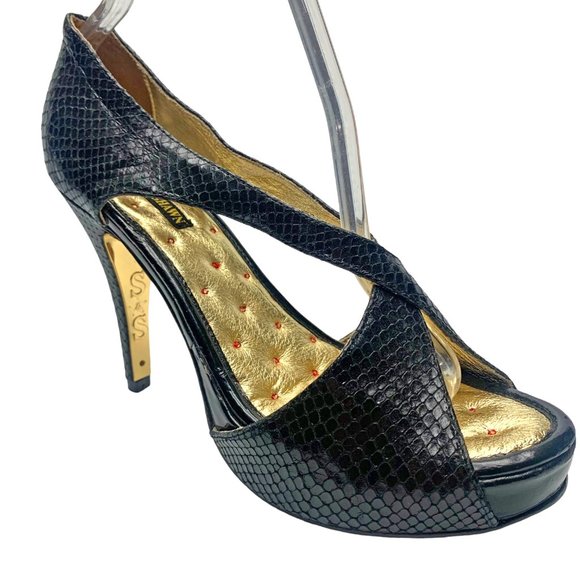 SHAWN and SHANE Black Reptile Embossed Leather Hidden Platform Stiletto‎ - Picture 5 of 9
